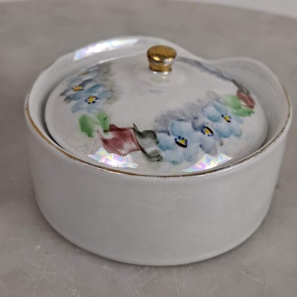 O.E.G. Royal Austria Iridescent Floral Lidded Button Trinket Box Gold Accents - Picture 7 of 13
